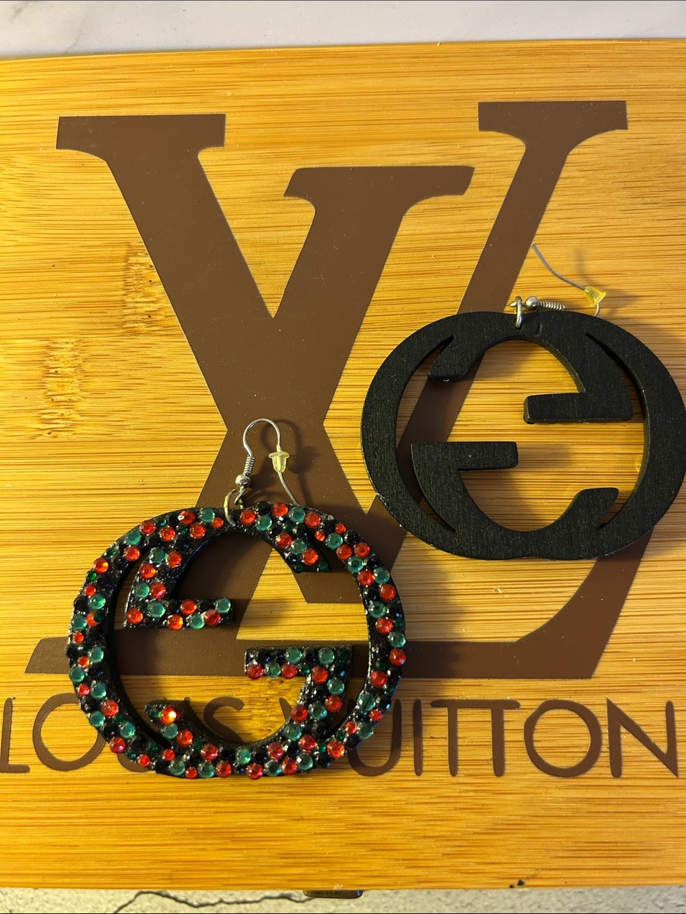 Bold Black Hoop Earrings with Red & Green Crystals